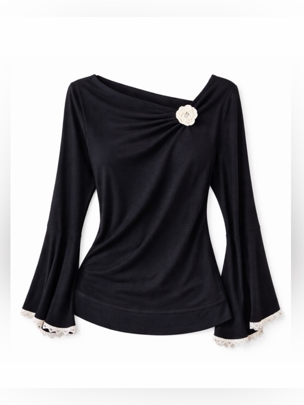 Vintage Y2K Black Knit Top MP Flared Sleeves Rosette Flower Balletcore Soft Girl